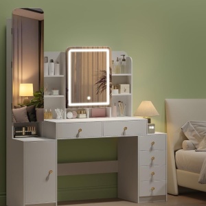 Masuta machiaj cu Oglinda LED si 6 Sertare pentru Cosmetice, Set Masa toaleta 140 cm, Alb, masuta cosmetica, vanity - SEA7