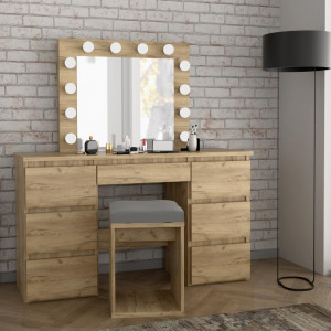 Masuta machiaj cu Oglinda LED si 7 Sertare pentru Cosmetice, Set Masa toaleta 120 cm, Stejar, masuta cosmetica, vanity - SEM508