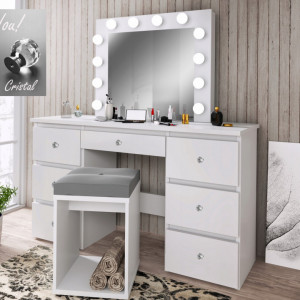 Masuta machiaj cu Oglinda LED si 7 Sertare pentru Cosmetice, Set Masa toaleta 120 cm, Alb, masuta cosmetica, vanity - SEA516C