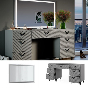 Masuta machiaj cu Oglinda LED si 7 Sertare pentru Cosmetice, Set Masa toaleta 150 cm, Gri, masuta cosmetica, vanity - SEG214 - Img 5