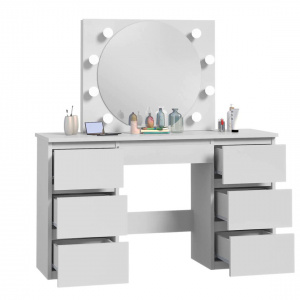 Masuta machiaj cu Oglinda LED si 7 Sertare pentru Cosmetice, Set Masa toaleta 120 cm, Alb, masuta cosmetica, vanity - SEA551 - Img 5