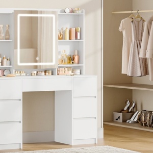 Masuta machiaj cu Oglinda LED si 7 Sertare pentru Cosmetice, Set Masa toaleta 108 cm, Alb, masuta cosmetica, vanity - SEA4 - Img 9