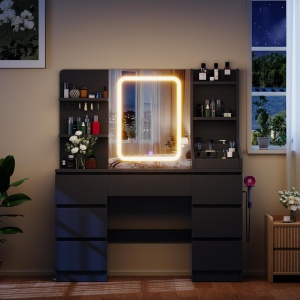Masuta machiaj cu Oglinda LED si 7 Sertare pentru Cosmetice, Set Masa toaleta 110 cm, Alb / Negru / Roz / Alb Lucios / Alb cu Blat Maro, masuta cosmetica, vanity - SEA820 - Img 12