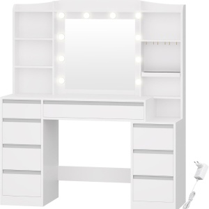 Masuta machiaj cu Oglinda LED si 8 Sertare pentru Cosmetice, Set Masa toaleta 120 cm, Alb, masuta cosmetica, vanity - SEA6 - Img 3