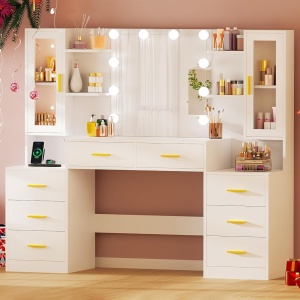 Masuta machiaj cu Oglinda LED si 8 Sertare pentru Cosmetice, Set Masa toaleta 150 cm, Alb, masuta cosmetica cu Priza si USB, vanity - SEA202