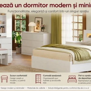 Masuta machiaj cu Oglinda LED si 9 Sertare pentru Cosmetice, Set Masa toaleta 107 cm, Alb, masuta cosmetica, vanity - SEA11 - Img 10