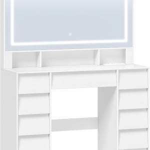 Masuta machiaj cu Oglinda LED si 9 Sertare pentru Cosmetice, Set Masa toaleta 109 cm, Alb, masuta cosmetica, vanity - SEA19 - Img 2