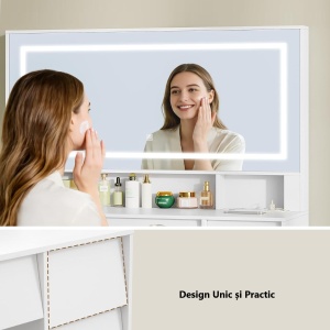 Masuta machiaj cu Oglinda LED si 9 Sertare pentru Cosmetice, Set Masa toaleta 109 cm, Alb, masuta cosmetica, vanity - SEA19 - Img 11