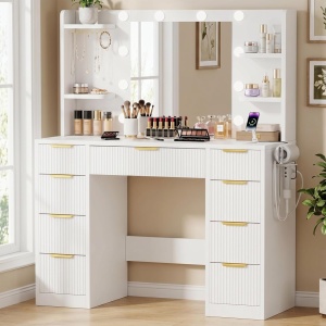 Masuta machiaj cu Oglinda LED si 9 Sertare pentru Cosmetice, Set Masa toaleta 108 cm, Alba sau Neagra cu Riflaj, masuta cosmetica cu Prize, USB, USB-C si Suport Uscator de Par, Suport Bijuterii vanity - SEA202