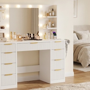 Masuta machiaj cu Oglinda LED si 9 Sertare pentru Cosmetice, Set Masa toaleta 108 cm, Alba sau Neagra cu Riflaj, masuta cosmetica cu Prize, USB, USB-C si Suport Uscator de Par, Suport Bijuterii vanity - SEA202 - Img 11