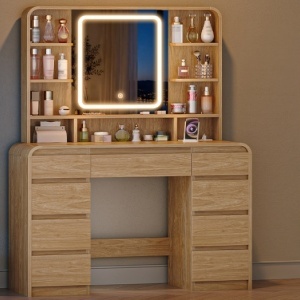Masuta machiaj cu Oglinda LED si 9 Sertare pentru Cosmetice, Set Masa toaleta 108 cm, cu Priza si USB, masuta cosmetica Maro, vanity cu Rafturi - SEM1 - Img 11