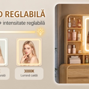Masuta machiaj cu Oglinda LED si 9 Sertare pentru Cosmetice, Set Masa toaleta 108 cm, cu Priza si USB, masuta cosmetica Maro, vanity cu Rafturi - SEM1 - Img 10