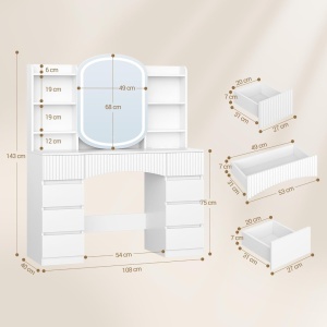 Masuta machiaj cu Oglinda LED si 9 Sertare si Rafturi pentru Cosmetice, Set Masa toaleta 108 cm, Alb, masuta cosmetica cu Priza si USB, vanity cu Dulapior - SEA17 - Img 2