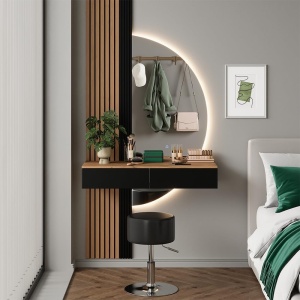 Masuta machiaj neagra cu Oglinda LED si 2 Sertare pentru Cosmetice, Set Masa toaleta 100 cm, masuta cosmetica cu Riflaj, vanity - SEM23 - Img 1