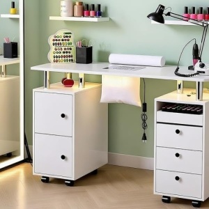 Masuta manichiura Alba,108 cm, birou, masa cosmetica pentru salon cu Aspirator Incorporat, Pernita si LED - MANIA213 - Img 10