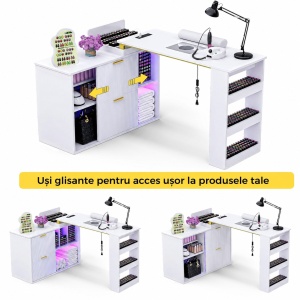 Masuta manichiura Alba / Neagra, 110 cm, birou cu LED si Riflaj, masa cosmetica pentru salon cu Aspirator Incorporat, Prize si USB MANIA211 - Img 3