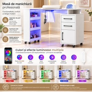 Masuta manichiura Alba / Roz / Neagra, 108 cm, birou cu LED, masa cosmetica pentru salon cu Aspirator Incorporat, Pernita si Rafturi deschise - MANIA216 - Img 8