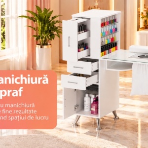 Masuta manichiura Alba / Roz / Neagra, 122 cm, birou cu Blat din Sticla, masa cosmetica pentru salon cu Aspirator Incorporat, Pernita si Vitrina din Sticla - MANIA214 - Img 9