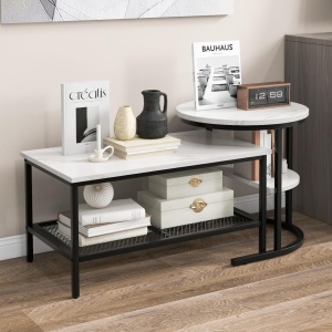 MCAU19 - Set 2 masute de cafea 80 cm si 52 cm, mese pentru living - Alb - Negru / Auriu - Img 6
