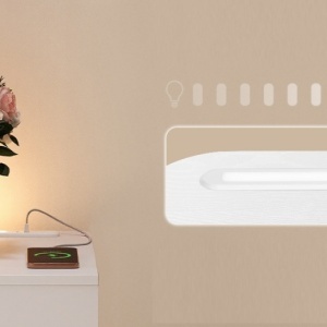 NOA2 - Set 2 Noptiere, 24 cm, foarte inguste, LED, USB si USB-C, Riflaje dormitor - Alb - Auriu - Img 4