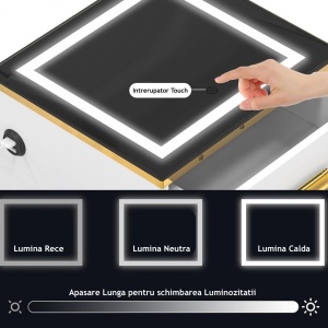 NOA226 - Noptiera alba 45 cm, cu 3 sertare, cu LED si USB pentru dormitor - Alb-Auriu - Img 7
