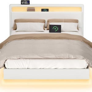 PAA2 - Pat tapitat, 140 / 160 x 200 cm cu USB, USB-C, LED, si Raft - Alb Piele Ecologica - Img 9