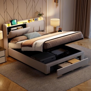 PAC2 - Pat tapitat catifea, 140 / 160 x 200 cm cu Priza, USB, USB-C, LED, Sertar, Somiera Hidraulica, Spatiu depozitare si Raft - Alb (crem)