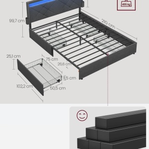 PAG2 - Pat tapitat, 140 sau 160 x 200 cm, cu 4 Sertare, LED, USB si USB-C, Organizatoare Carti - Gri - Img 7