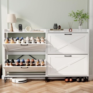PANA32 - Pantofar 80 cm ingust, 2 compartimente, pantofare, depozitare pantofi, mobilier hol - Alb / Negru - Img 11