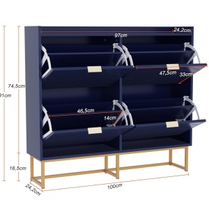 PANN5 - Pantofar 100 cm ingust, 4 compartimente, pantofare, depozitare pantofi, mobilier hol - Negru / Albastru / Gri - Auriu - Img 12