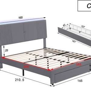 PARC205 - Pat tapitat cu LED si USB, 140 / 160 x 200 cm, cu Sertar - Gri - Img 11