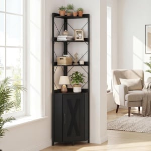 RAAU14 - Raft colt cu 4 polite si 1 dulap, 38 cm pentru birou, hol, living, baie - Auriu Alb / Negru / Maro - Img 4