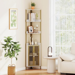 RAAU15 - Raft colt cu 3 polite si 1 dulap, 32 cm pentru birou, hol, living, baie - Auriu Alb / Maro
