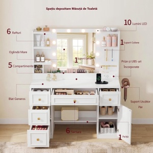 SEA203 - Masuta machiaj cu Oglinda LED, 5 Sertare pentru Cosmetice, Set Masa toaleta 108 cm, Alb, masuta cosmetica, vanity cu Priza si USB, Spuport Uscator Par - SEA203 - Img 2
