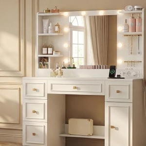 SEA203 - Masuta machiaj cu Oglinda LED, 5 Sertare pentru Cosmetice, Set Masa toaleta 108 cm, Alb, masuta cosmetica, vanity cu Priza si USB, Spuport Uscator Par - SEA203