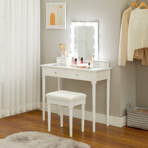 SEA346 - Set Masa alba toaleta, 90 cm, cosmetica machiaj oglinda masuta vanity cu oglinda cu LED, cu scaun tapitat