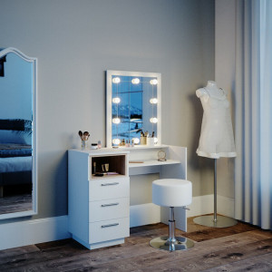 SEA361 - Set Masa toaleta, 100 cm, moderna cosmetica machiaj oglinda, masuta vanity cu sau fara LED- Alb