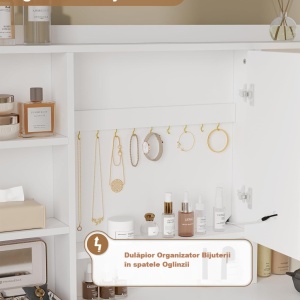 SEA827 - Set Masa toaleta 110 cm, cu Priza si USB, 5 Sertare, rafturi, Oglinda cu LED, Organizator Bijuterii, masuta vanity, make-up - Alb - Auriu - Img 8