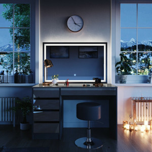 SEG208 - Set Masa toaleta, 120 cm, moderna cosmetica machiaj oglinda cu LED, masuta vanity - Gri Antracit Lucios