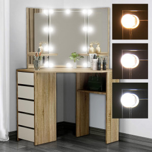 SEM14 - Set Masa toaleta, 110 cm, cosmetica machiaj, cu oglinda make-up cu LED, masuta vanity - Sonoma-Alb pe colt