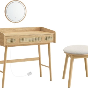 SEM20 - Set Masa toaleta, 87 cm, masa machiaj cu oglinda cu LED, masuta vanity cu sau fara scaun - Maro - Img 3