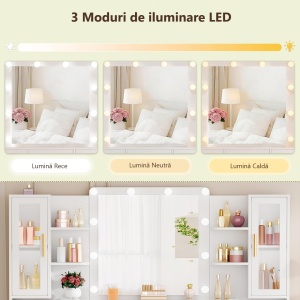 Set Masa toaleta alba 160 cm, cu Priza si USB, cosmetica, machiaj, oglinda cu LED, masuta vanity cu Blat de Sticla, make-up - SEA437 - Img 3