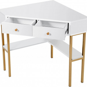 BIA6 - Masa de birou pe colt, 70 cm, home office cu 2 sertare - Alb-Auriu - Img 2