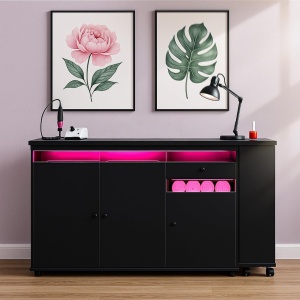 Birou, Masuta manichiura pentru Colt Alba / Neagra, 135 x 114 cm, LED, masa cosmetica pentru salon cu Rafturi deschise si Roti - MANIA217 - Img 3