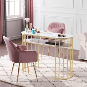 MANIAU207 - Masuta manichiura, 114 cm, masa cosmetica ovala pentru salon - Alb - Auriu