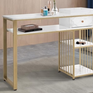 MANIAU210 - Masuta manichiura, 110 cm, birou, masa cosmetica pentru salon cu 1 Sertar si Tavita - Alb - Auriu - Img 8