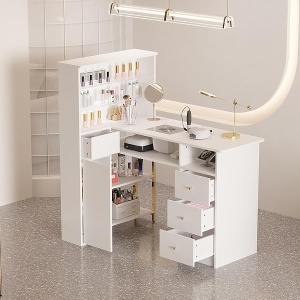 MANIAU211 - Masuta manichiura, 120 cm, birou, masa cosmetica pentru salon cu Aspirator Incorporat, Priza, LED, Sertare si Rafturi - Alb - Auriu - Img 9