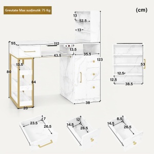 MANIAU212 - Masuta manichiura, 112 cm, birou, masa cosmetica pentru salon cu Aspirator Incorporat, Priza, Sertare si Rafturi - Alb - Auriu - Img 5