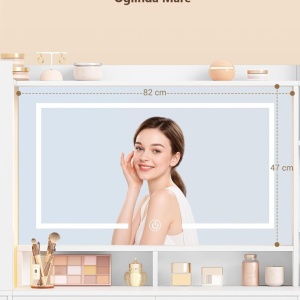 Masuta de machiaj 140 cm, cu Oglinda LED si 10 Sertare pentru Cosmetice, Set Masa toaleta Alba, masuta cosmetica, vanity cu dulapior si rafturi - SEA20 - Img 7