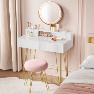 Masuta machiaj alba cu Oglinda LED si 2 Sertare pentru Cosmetice, Set Masa toaleta 80 cm sau 100 cm, masuta cosmetica cu Riflaj, vanity - SEA801